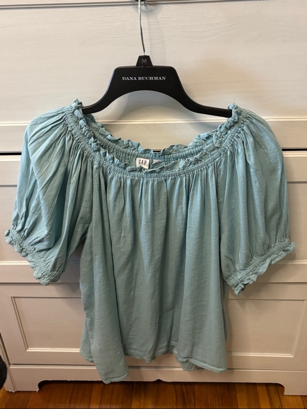 GAP Light Blue Smocked Off-Shoulder Puff Sleeve Top